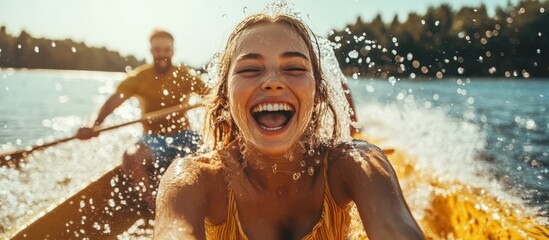 Laughing Young Woman Paddling on Sunny Lake with Friend, Summer Activity