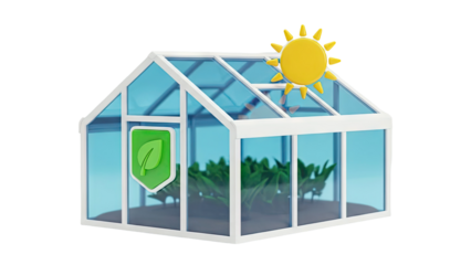 Greenhouse with plants, sun, and leaf icon