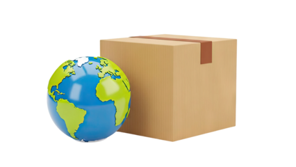 Global shipping and delivery concept with globe and cardboard box