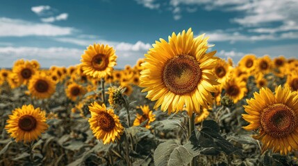 Bright Yellow Sunflowers Blooming in Field Under Cloudy Blue Sky Landscape
