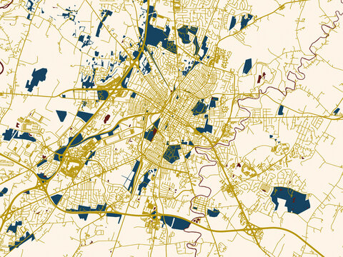 Modern graphic street map of Hagerstown, Maryland, with minimal ivory map base with golden roads and dark red water bodies in a modern flat style