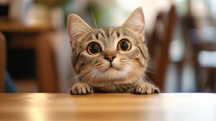 Cute tabby cat looking up at camera