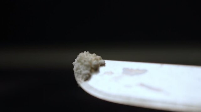 Lethal dose of fentanyl on the tip of craft knife blade. Two milligrams of fentanyl is lethal dose for humans. Tiny pile of powder to give a sense of scale. Synthetic narcotic analgesic drug.