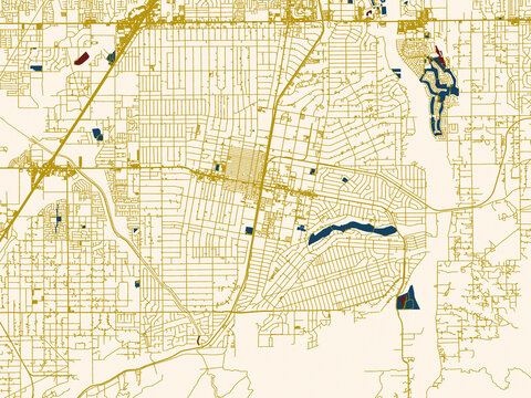 Flat city map of Hesperia, California &mdash; rich red water shapes with ivory land and golden street network accents