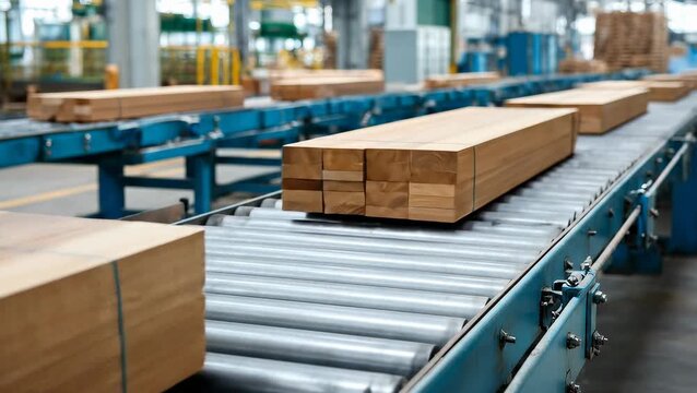 Stack of lumber moves along a conveyor belt in a large manufacturing facility, processed wood materials, industrial production.