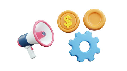 Megaphone, Coins, and Gear Icons