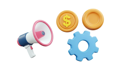 Megaphone, Coins, and Gear Icons