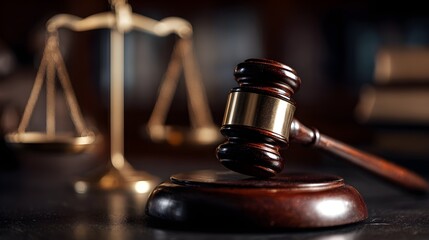 Legal gavel resting on a wooden block with scales of justice behind