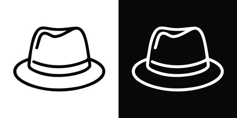 Classic fedora hat icon in black outline on white and white outline on black background