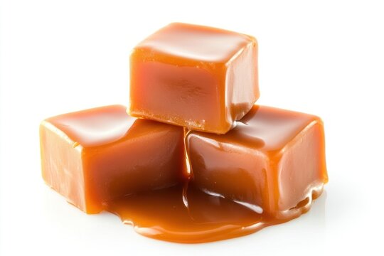 Three caramel cubes stacked and melted caramel chocolate dessert ketchup.