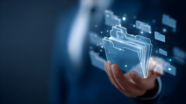 Business professional holding a stack of floating holographic digital document folders 