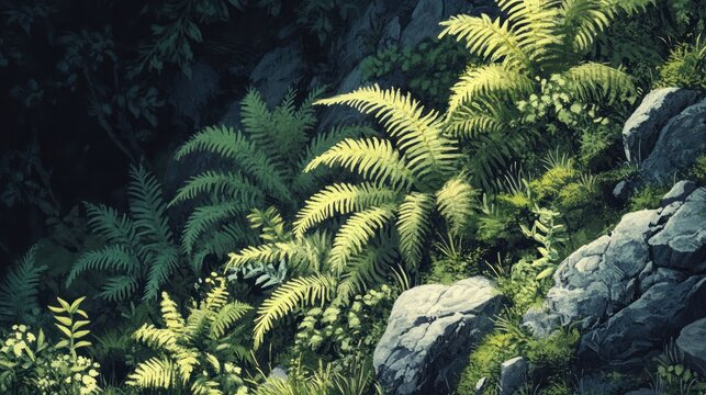 A patch of ferns in a highland glen, their fronds unfurling, detailed patterns, shade-loving plants