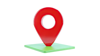 Red map pin on a green square platform