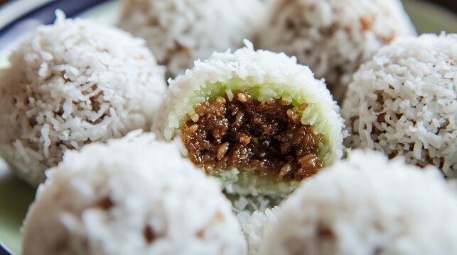 Closeup of green klepon dessert with sugar filling