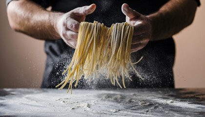 Fresh Pasta Dough strands held by chef with dramatic flour flying, perfect for cooking blogs, Italian restaurant menus, artisan food advertising, and recipe tutorials