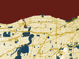 Urban map of Lakewood, Ohio in a flat palette: cream-toned city field with gold linework streets and deep red waterways for strong contrast