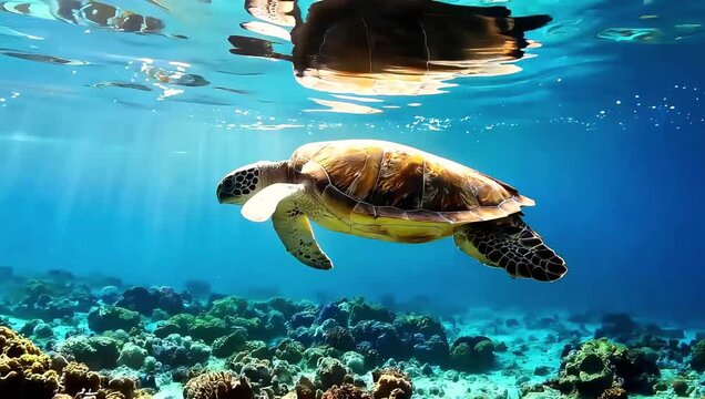 Majestic Green Sea Turtle Swimming Gracefully in Sunlit Ocean Waters.