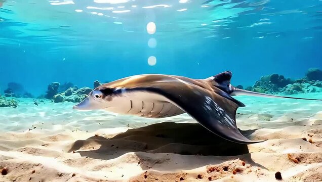 Majestic Manta Ray Glides Gracefully Over Sandy Seabed in Tropical Waters.