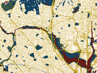 Obraz premium Poster-style map of Medford, Massachusetts using dark red water and warm gold roads