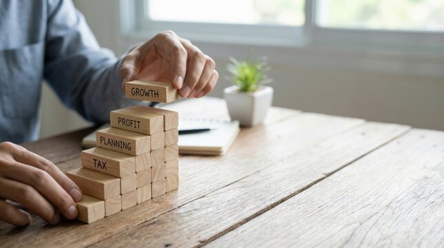 tax planning deduction paperwork profit concept. Hands arranging wooden blocks with business terms on a desk. - Powered by Adobe