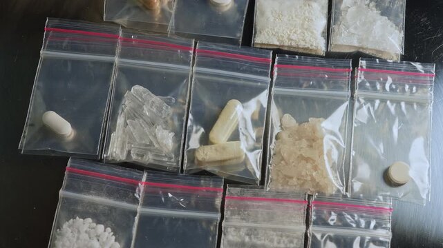 Fentanyl, nitazenes, heroin and synthetic opioid drugs smuggling displayed in small packages concept. Powder, crystals and capsules form causes severe drug crisis in the world.