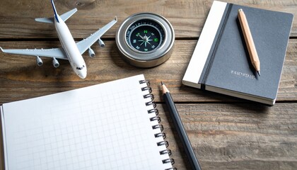 Travel planning flat lay featuring miniature airplane, compass, and notebooks on a wooden table, symbolizing vacation and adventure preparation.