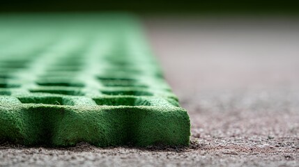 Close up of a green permeable grass paver grid on the ground