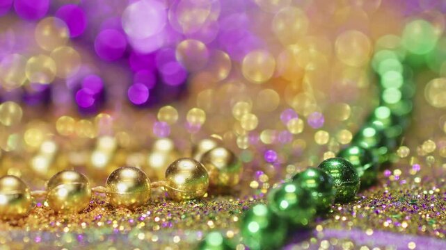 Mardi Gras background with sparkling green, purple, and gold beads, Glittering festive Mardi Gra background.
