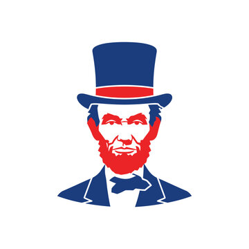 2D flat icon of Abraham Lincoln portrait, solid red white blue color palette, clean shapes, no outline, President&rsquo;s Day theme