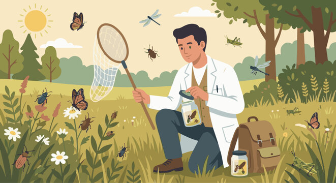 Insect Scientist Collecting Samples
A flat vector illustration of an insect scientist collecting insect samples using a net or container. Flat vector style, responsible and careful scientific work.