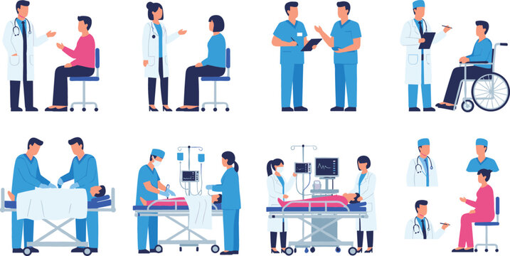 Flat vector collection of doctors nurses and surgeons providing medical care and consultation to patients in hospital settings
