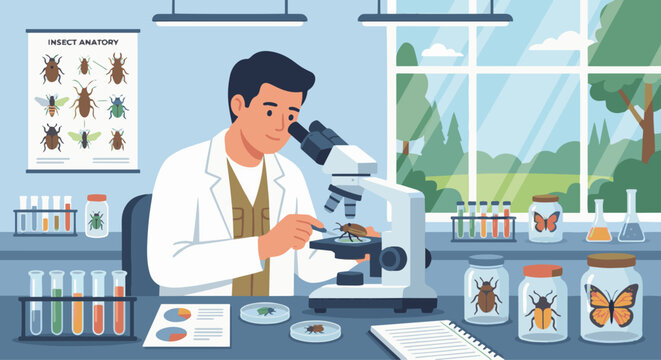 &nbsp;Insect Scientist in Laboratory
A flat vector illustration of an insect scientist working in a laboratory. Test tubes, microscopes, and insect specimens are visible. 