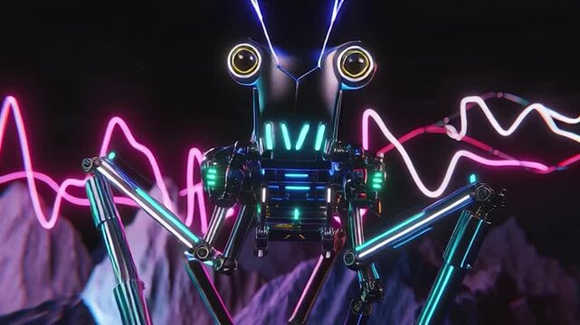 Futuristic Robot on Alien Planet with Neon Lights Video.
