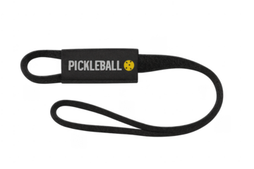 Black pickleball paddle strap with text and ball icon