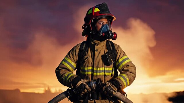 Firefighter holding hose against fiery sky.