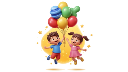 Joyful Children Levitating with Colorful Balloons and Stars, Evoking Happiness and Celebration