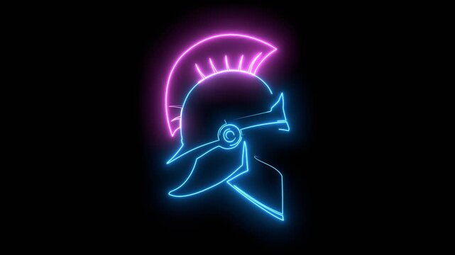 Greek Helmet, Antiques Roman helmet for head protection soldiers with a crest of feathers or horsehair with slits for the eyes and mouth. Neon glowing.