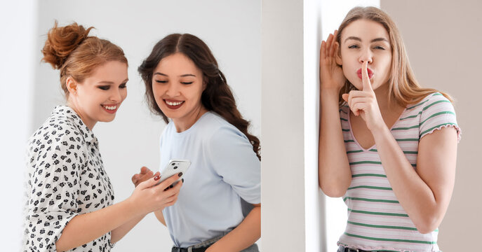 Young gossip woman eavesdropping on her neighbours at home