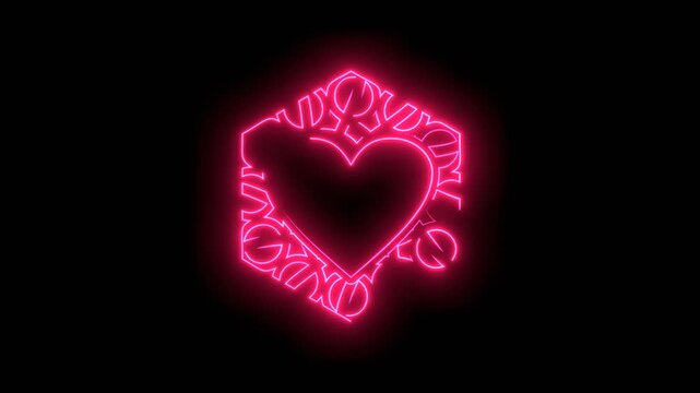 Abstract hexagon emblem of heart. Heart shape decorated by lines and curves. Neon glowing. Relationships and event celebration concept.