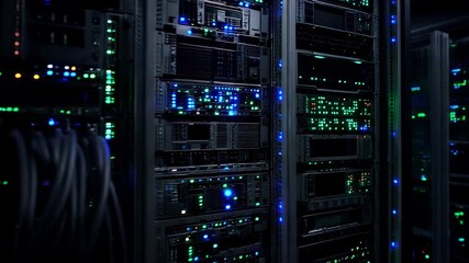 Modern data center server rack network technology cybersecurity digital infrastructure with blue and green light glowing cable connection hardware storage equipment and secure dark interior server - Powered by Adobe