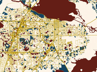 Fototapeta premium Poster-style map of Sanford, Florida using dark red water and warm gold roads