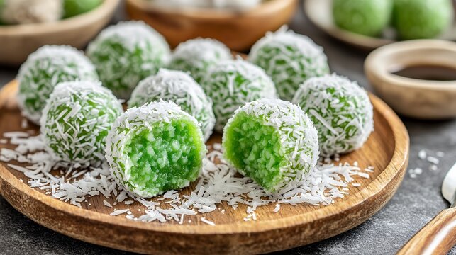 Close up of Indonesian klepon balls coated in coconut