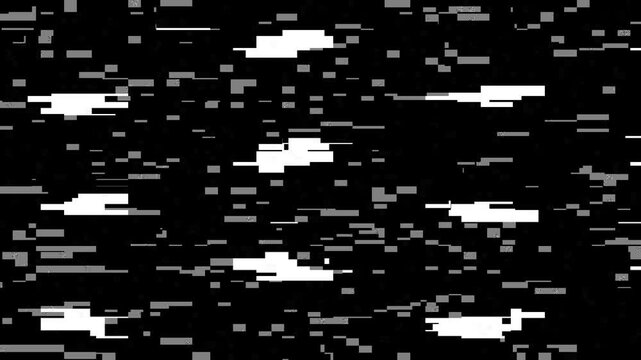 Digital Glitch Noise Animation with Horizontal White Blocks, TV Static Distortion, Signal Interference, Tech Overlay, Pixel Corruption, Transmission Loss Simulation, Futuristic Interface, Electronic