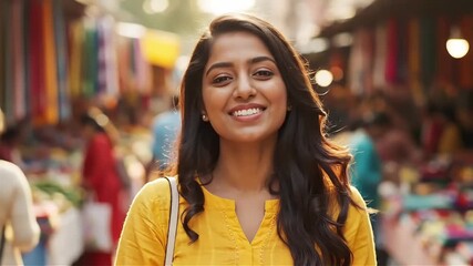 Smiling Indian Woman in Traditional Dress Standing in a Colorful Market Background