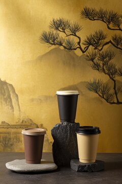 High-End Chinese Style Product Photography with Black Rock Pine Shape and Milk Tea Cups