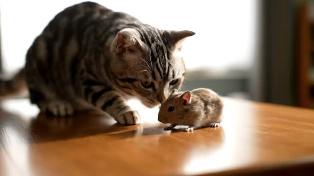 A tabby cat cautiously observes a tiny brown mouse on a wooden surface, sunlight in background
