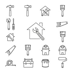 Obraz premium Home Repair Tools Line Icons Set. Construction, DIY, and Handyman Service Symbols including Wrench, Hammer, Saw, Paint Brush, and Toolbox.