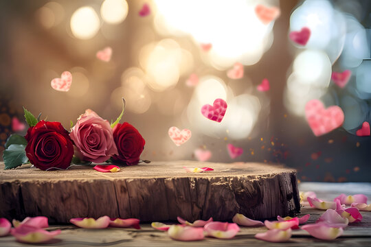 empty wooden red and pink rose flowers Valentine Day background