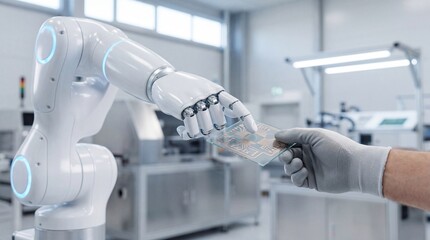 Robot Arm Handing Circuit Board to Human Technician