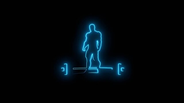 Bodybuilder with barbell silhouette posing. Neon glowing. A muscular bodybuilder and a heavy barbell.